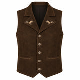 A dark brown suede vest with embroidered antelope designs on the lapels and decorative stitching on the front pockets, shown against a plain white background.