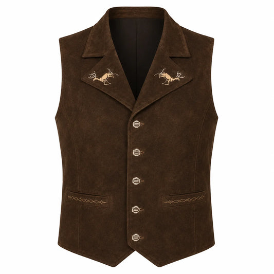 A dark brown suede vest with embroidered antelope designs on the lapels and decorative stitching on the front pockets, shown against a plain white background.