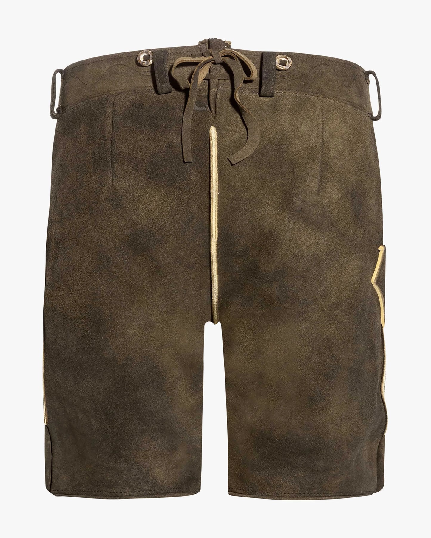 Brown leather shorts with a drawstring on a white background