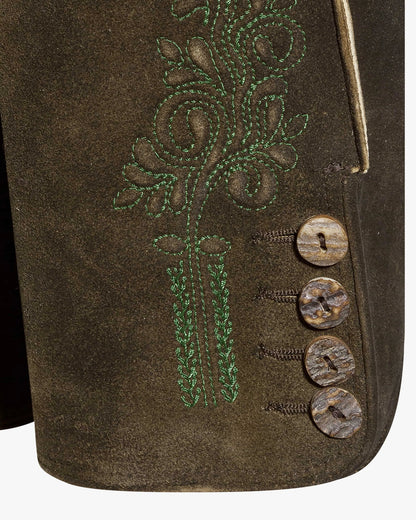 Brown leather bag with green floral embroidery and metal buttons on a white background
