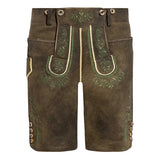 Brown leather shorts with green embroidery on a white background