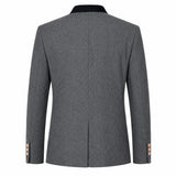 The back view of a men's gray textured blazer with a contrasting black collar and gold buttons on the cuffs, shown against a plain white background.