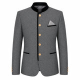 A men's gray textured blazer jacket with black contrast trim on the collar, front placket, pocket flaps, and cuffs, accented by gold buttons and a gray pocket square.