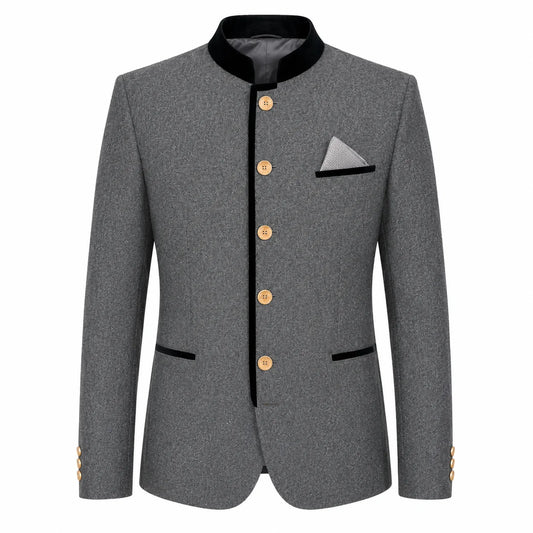 A men's gray textured blazer jacket with black contrast trim on the collar, front placket, pocket flaps, and cuffs, accented by gold buttons and a gray pocket square.