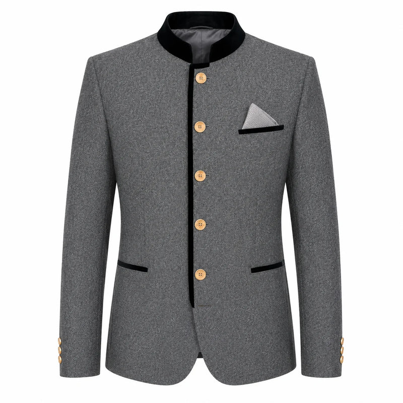 A men's gray textured blazer jacket with black contrast trim on the collar, front placket, pocket flaps, and cuffs, accented by gold buttons and a gray pocket square.