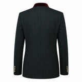 The back view of a men's blazer in black, featuring a contrasting dark burgundy velvet collar and gold button accents on the cuffs.
