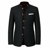 A men's black Nehru jacket with a dark red velvet inner lining and gold-tone buttons, shown on a plain white background.