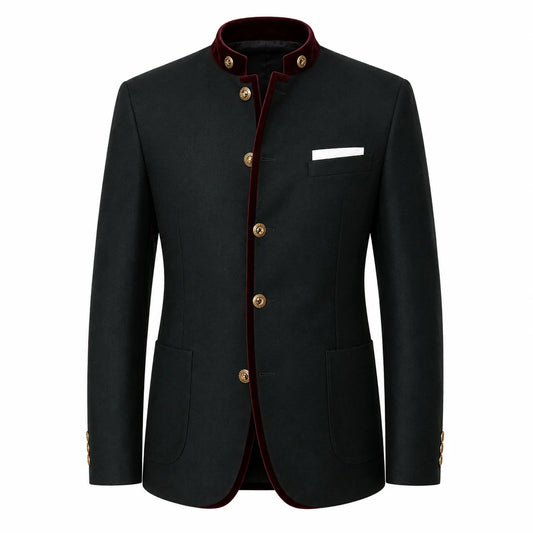A men's black Nehru jacket with a dark red velvet inner lining and gold-tone buttons, shown on a plain white background.