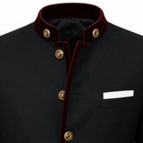 A close-up of a black traditional jacket with a contrasting deep red velvet collar and front trim, accented by gold-tone decorative buttons and a white pocket square.