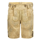 Beige shorts with intricate embroidery on a white background