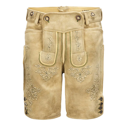 Beige shorts with intricate embroidery on a white background