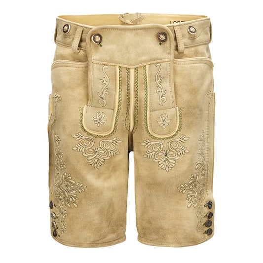 Beige shorts with intricate embroidery on a white background
