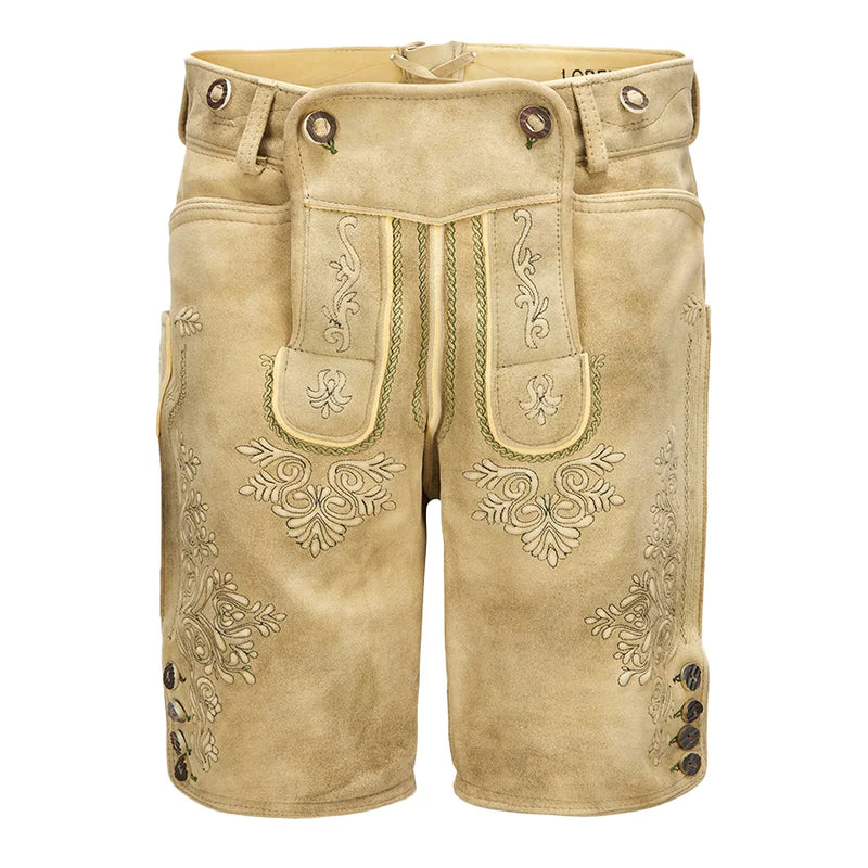 Beige shorts with intricate embroidery on a white background