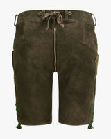 Brown leather shorts with green accents on a white background