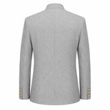 A light gray textured blazer shown from the back, featuring a clean collar, structured shoulders, and gold button accents on the cuffs, set against a plain white background.