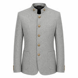 A light gray textured blazer jacket with a mandarin collar and decorative gold-tone buttons, shown on a plain white background.