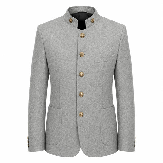 A light gray textured blazer jacket with a mandarin collar and decorative gold-tone buttons, shown on a plain white background.