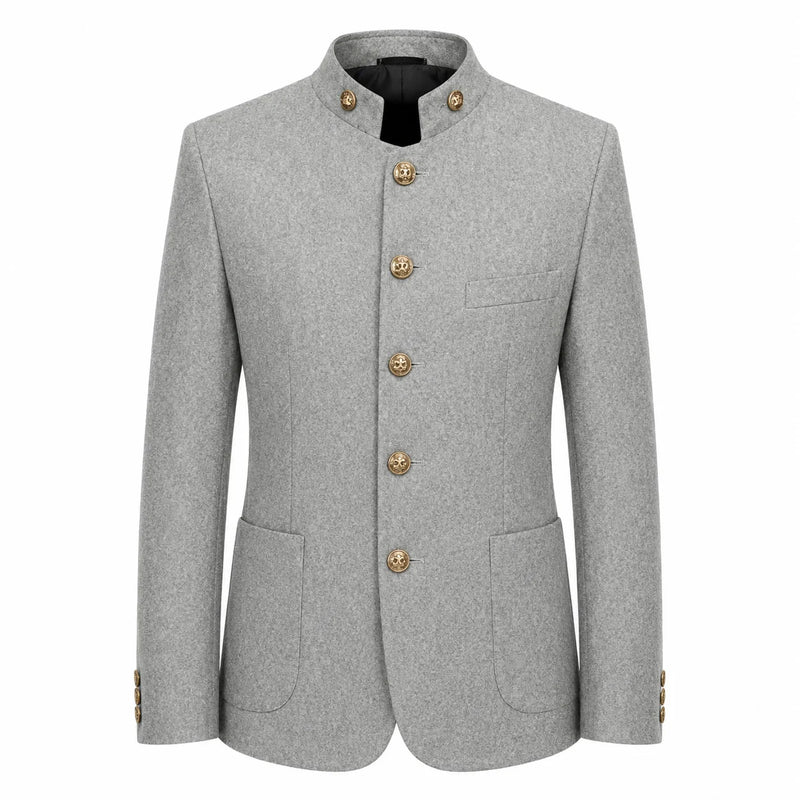 A light gray textured blazer jacket with a mandarin collar and decorative gold-tone buttons, shown on a plain white background.