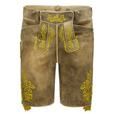 Brown shorts with yellow embroidery on a white background