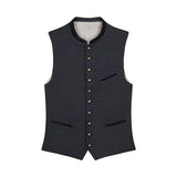 Dark patterned vest with button details on a white background