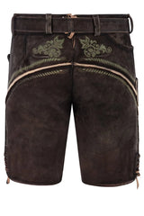 Brown leather shorts with green embroidery on a white background