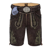 Brown leather shorts with embroidery and a belt on a white background
