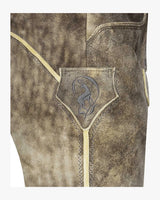 Close-up of a brown leather jacket with a logo on a white background