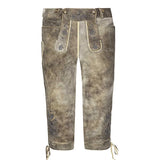 Traditional Bavarian lederhosen with floral embroidery on a white background