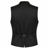 Black sleeveless vest shown from the back, featuring a collar, a self-tie belt with a silver buckle at the waist, and a clean white background.