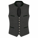 A dark gray wool-blend waistcoat vest with a black satin collar, black trim details, and a row of silver buttons down the front, displayed on a solid white background.