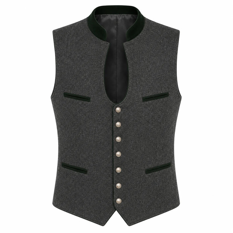 A dark gray wool-blend waistcoat vest with a black satin collar, black trim details, and a row of silver buttons down the front, displayed on a solid white background.