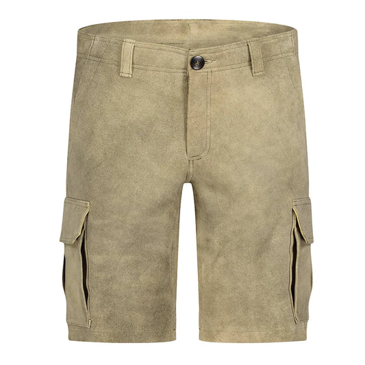 Beige cargo shorts on a white background