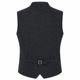 A dark charcoal gray waistcoat vest with a matching tie belt and silver buckle, shown from the back on a plain white background.