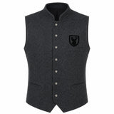 A dark gray heathered wool vest with a stand collar, button closure, and a black embroidered shield logo on the left chest, shown against a plain white background.