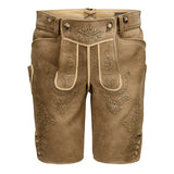 Brown leather shorts with intricate embroidery on a white background