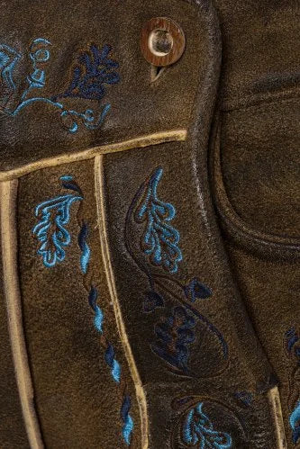 Brown leather jacket with blue floral embroidery