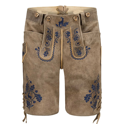 Brown shorts with blue embroidery on a white background