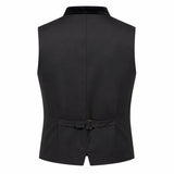 Black formal waistcoat vest with a shawl collar and a matching waist belt with a buckle, shown from the back on a white background.