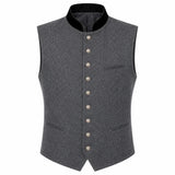 A dark gray textured waistcoat vest with a black mandarin collar and decorative silver buttons down the front, displayed on a solid white background.
