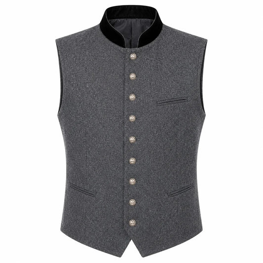A dark gray textured waistcoat vest with a black mandarin collar and decorative silver buttons down the front, displayed on a solid white background.
