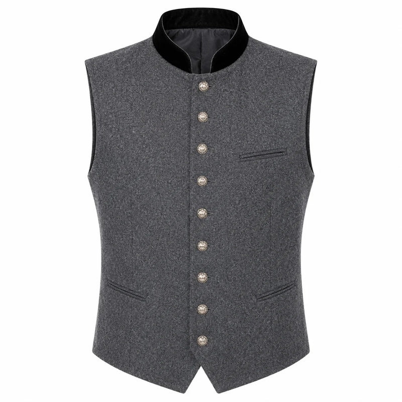 A dark gray textured waistcoat vest with a black mandarin collar and decorative silver buttons down the front, displayed on a solid white background.