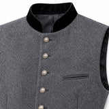 A close-up of a gray textured waistcoat vest with a black velvet collar and decorative silver-toned buttons, shown against a plain white background.