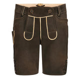 Brown leather shorts with beige stitching on a white background