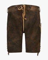 Brown leather pants with green embroidery and buttons, featuring a visible brand logo.
