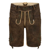 Brown leather pants with green embroidery and buttons, featuring a visible brand logo.