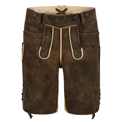 Brown leather pants with green embroidery and buttons, featuring a visible brand logo.