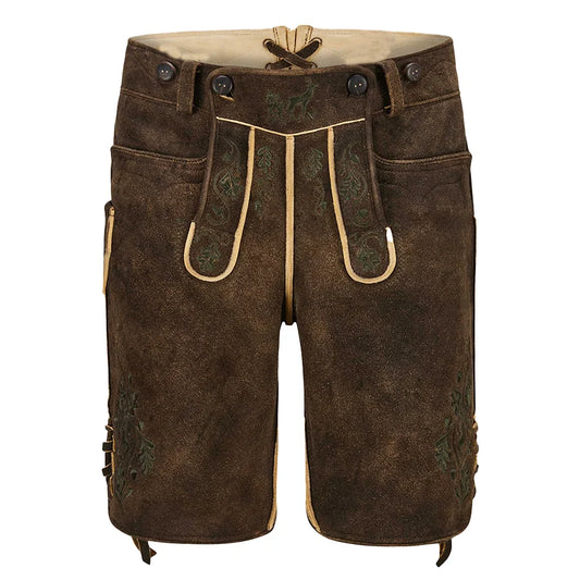 Brown leather pants with green embroidery and buttons, featuring a visible brand logo.