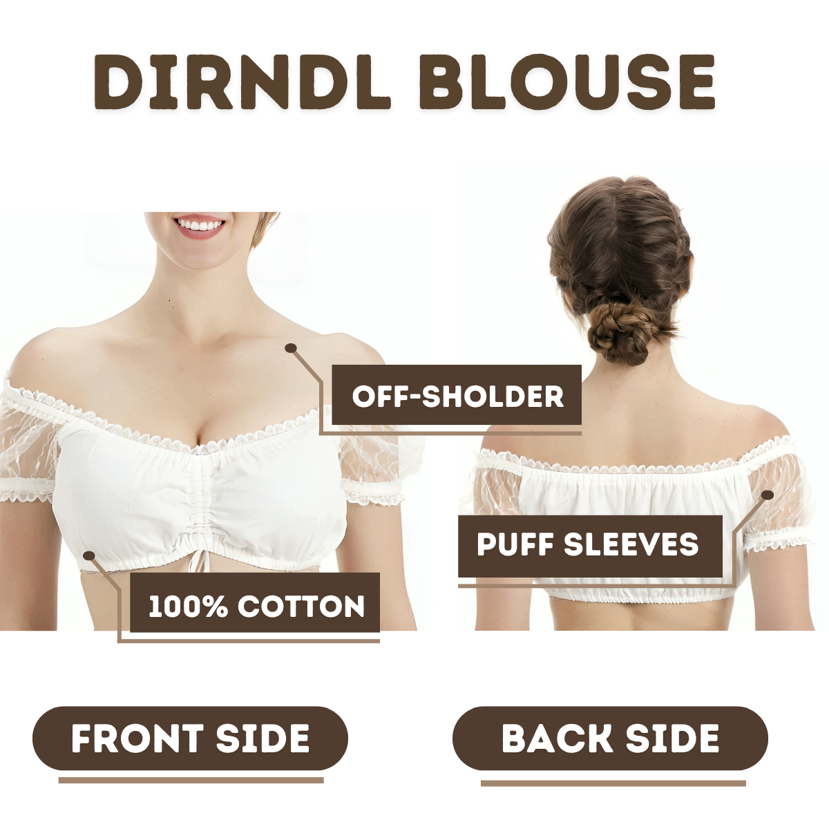 LADIES OFF SHOULDER DIRNDL BLOUSE SHORT SLEEVE LACE TRIM WHITE