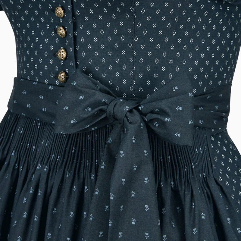 Dark blue dress with floral pattern and button details on a white background