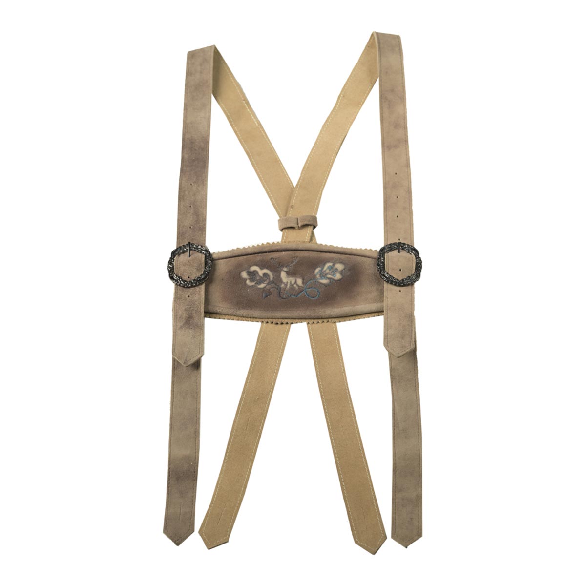 Tan suspenders with decorative buckle on a white background